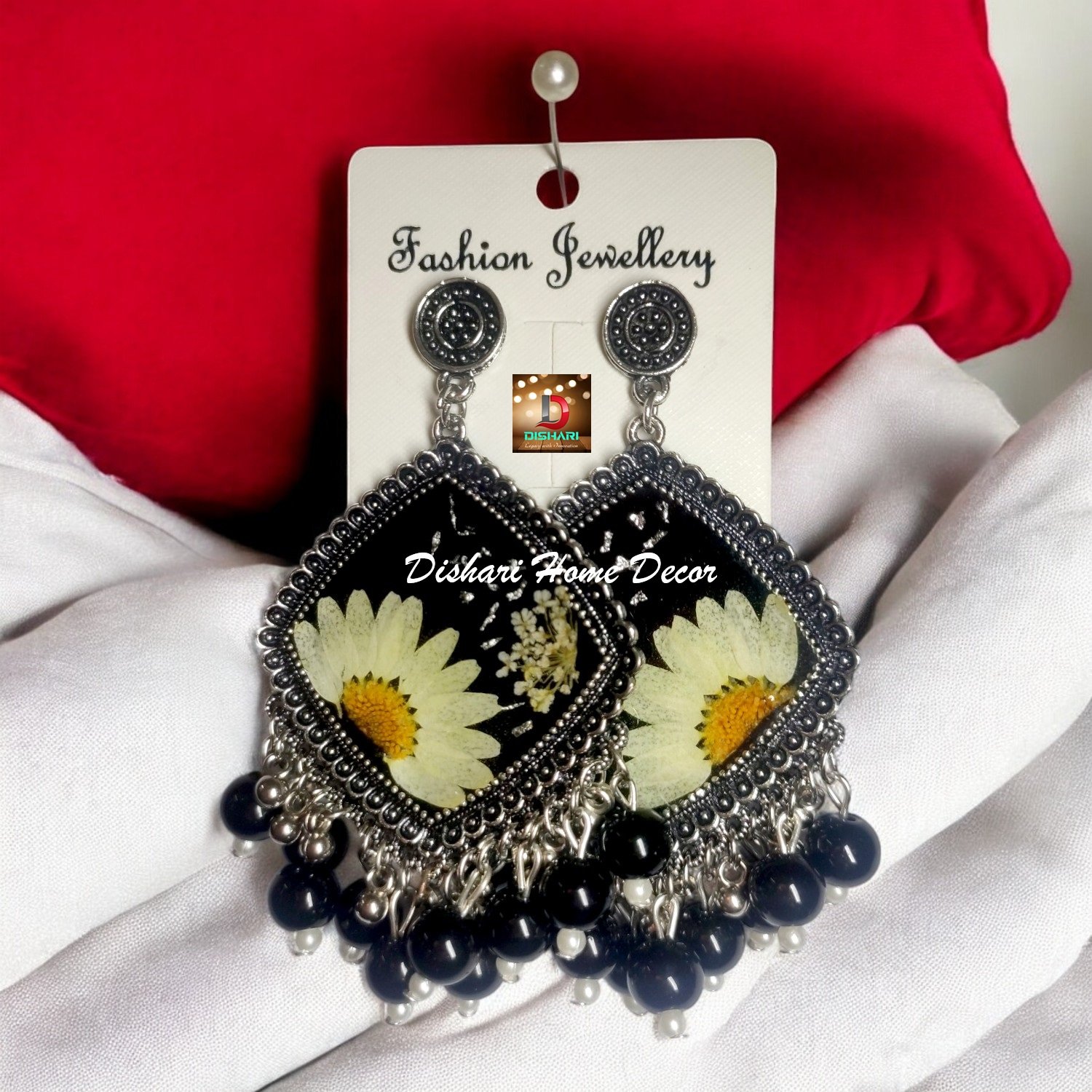 Resin Ear Rings with Silver Round Oxidized Bezels - Image 7