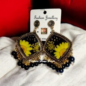 Resin Ear Rings with Golden Round Oxidized Bezels