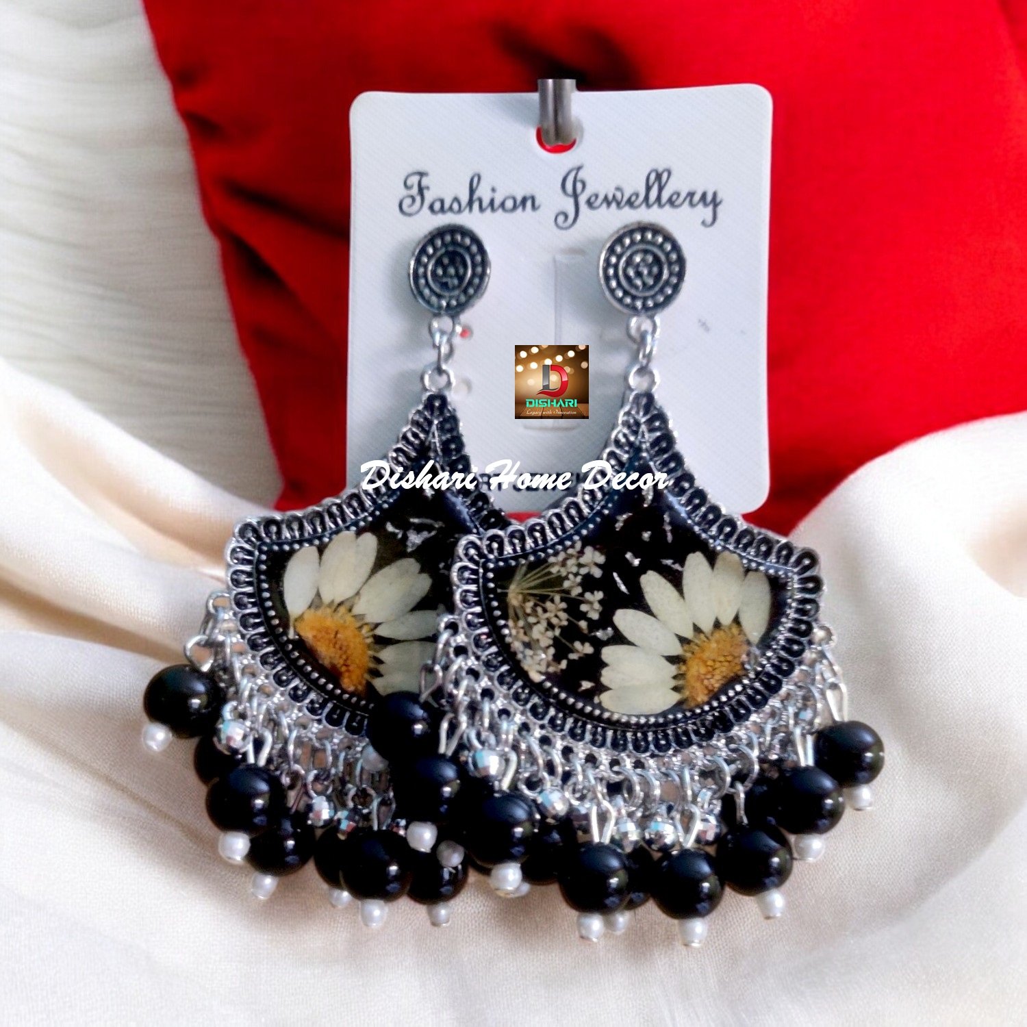 Resin Ear Rings with Silver Round Oxidized Bezels - Image 9