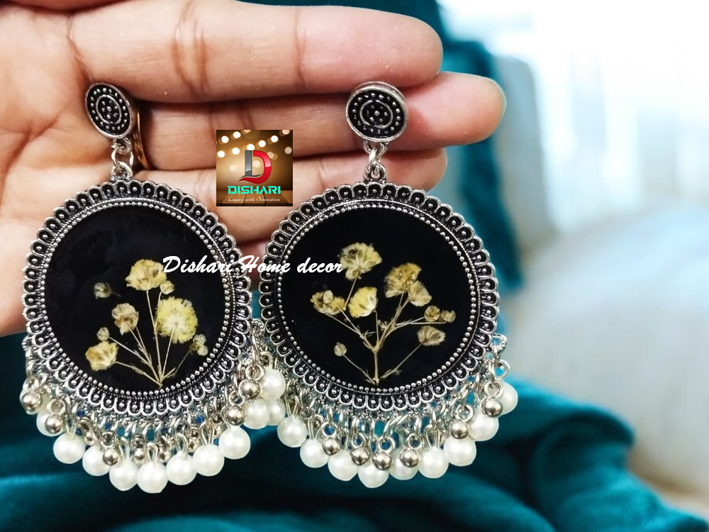 Resin Ear Rings with Silver Round Oxidized Bezels - Image 13