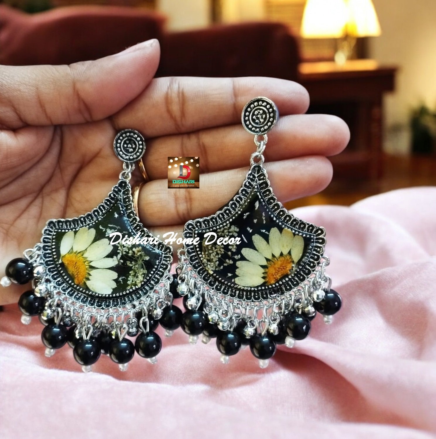 Resin Ear Rings with Silver Round Oxidized Bezels - Image 10