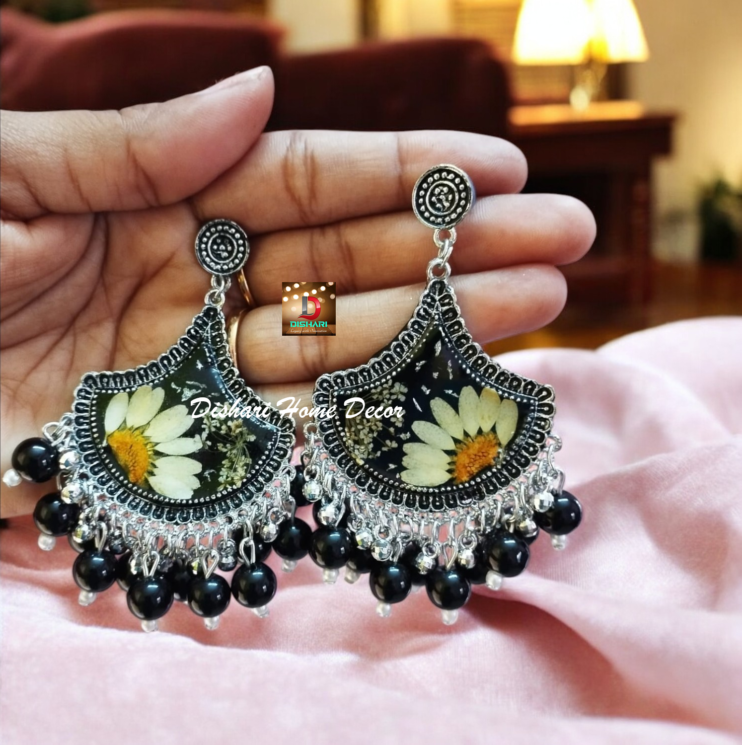 Resin Ear Rings with Silver Round Oxidized Bezels - Image 6