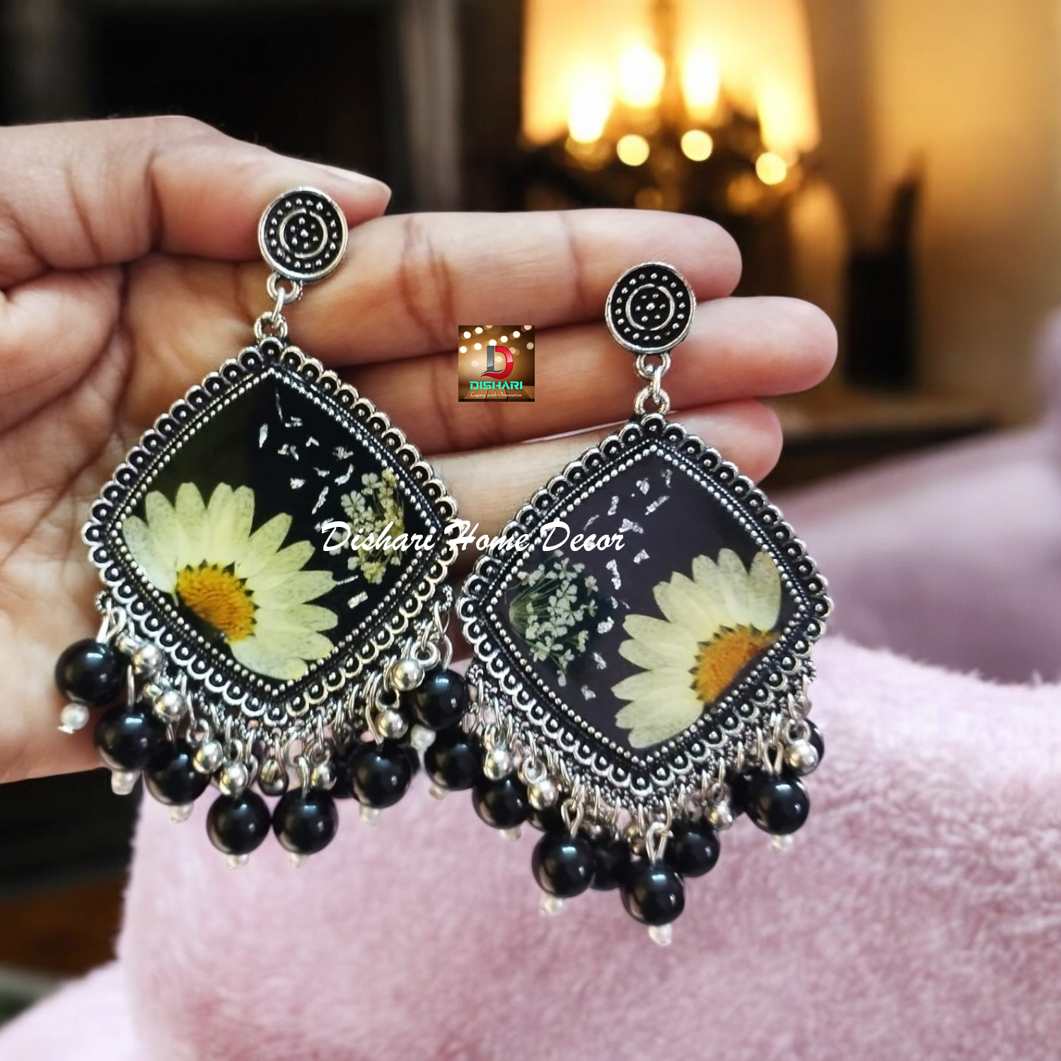 Resin Ear Rings with Silver Round Oxidized Bezels - Image 5